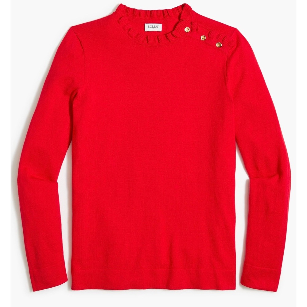 J.Crew Womens Ruffle Neck Button Shoulder Red Cotton‎ Slim Fit Sweater